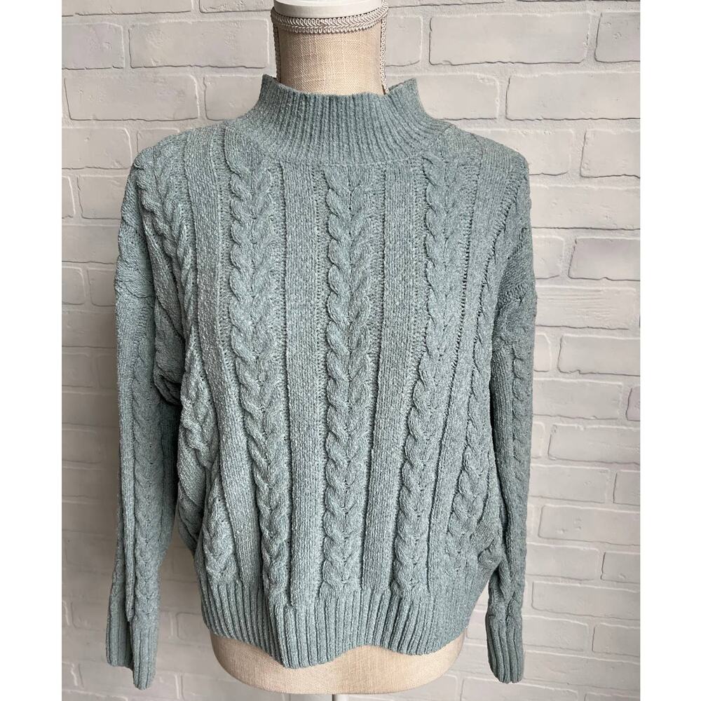 Hippie Rose Soft Cozy Blue Green Long Sleeve Mockneck Cableknit Sweater - sz M